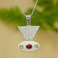 Carnelian pendant necklace, 'Glowing Glamour' - Modern Fine Silver Carnelian Pendant Necklace