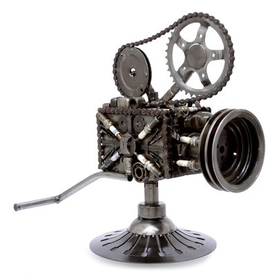 Auto parts sculpture, 'Rustic Film Projector' - Collectible Recycled Metal Movie Theater Sculpture