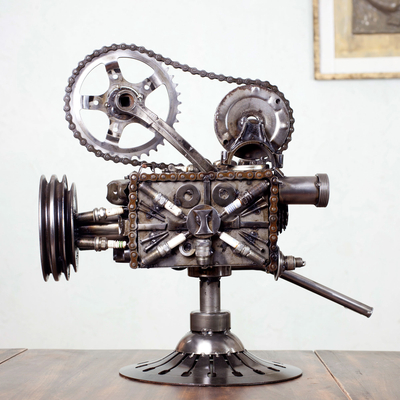 Auto parts sculpture, 'Rustic Film Projector' - Collectible Recycled Metal Movie Theater Sculpture