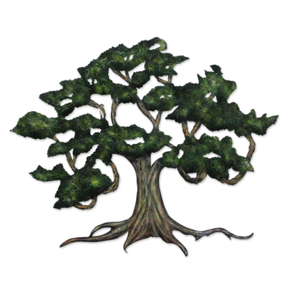 Steel wall art, 'Ancient Shade Tree' (large) - Unique Hand Painted Mexican Steel Wall Art (Large)