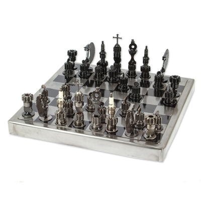 Auto part chess set, 'Rustic Pyramid' - Mexican Artisan Crafted Recycled Metal Chess Set Game