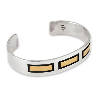 Men's gold accent cuff bracelet, 'Structures' - Men's Hand Made Taxco SilverGold Accent Cuff Bracelet