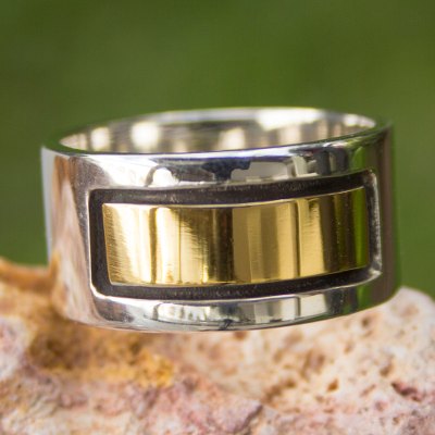 Men's gold accent band ring, 'Structures' - Men's Taxco Silver and Gold Accent Band Ring