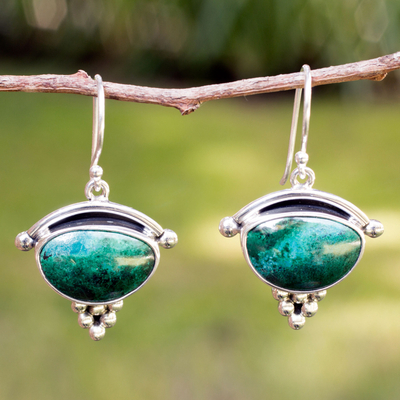 Chrysocolla dangle earrings, 'Taxco Mystique' - Chrysocolla Dangle Earrings 950 Silver Handmade in Mexico