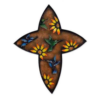 Iron wall sculpture, 'Resurrection' - Women's Christianity Steel Bird Cross