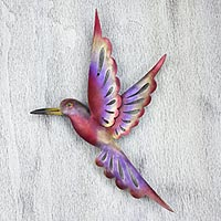 Iron wall sculpture, 'Rosy Hummingbird' (15 inches) - Steel Bird Wall Sculpture (15 Inches)