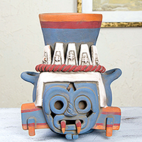 Vasija de cerámica, 'Dios de la Lluvia y el Rayo' - Escultura Azteca de Cerámica Arqueológica Artesanal