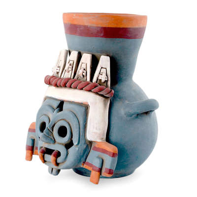Ceramic vessel, 'God of Rain and Lightning' - Handcrafted Archaeological Ceramic Aztec Sculpture