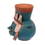 Ceramic vessel, 'God of Rain and Lightning' - Handcrafted Archaeological Ceramic Aztec Sculpture