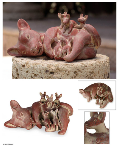 Keramik-Figur, 'Aztekischer Hund mit Welpen'. - Mexikanisches Museum für handgefertigte Keramik Replik einer Mutter-Hund-Figur