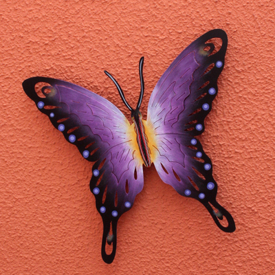Steel wall art, 'Soul of Wisdom' - Hand Made Purple Butterfly Steel Wall Sculpture Mexico