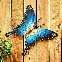 Steel wall art, 'Butterfly Harmony' - Unique Blue Butterfly Steel Wall Sculpture Mexico