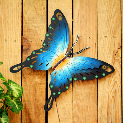 Steel wall art, 'Butterfly Harmony' - Unique Blue Butterfly Steel Wall Sculpture Mexico