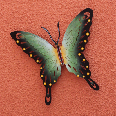 Steel wall art, 'Soul of Fortune' - Collectible Green Butterfly Steel Wall Sculpture Mexico