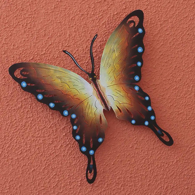 Steel wall art, 'Soul of Happiness' - Hand Made Orange Butterfly Steel Wall Sculpture Mexico