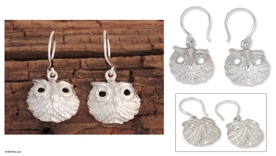 Sterling silver dangle earrings, 'Lucky Owl' - Sterling silver dangle earrings