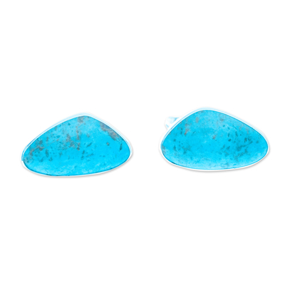 Turquoise button earrings, 'Allure' - Modern Fine Silver Button Earrings with Natural Turquoise