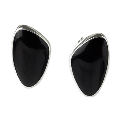Obsidian button earrings, 'Allure' - Unique Taxco Silver and Obsidian Button Earrings