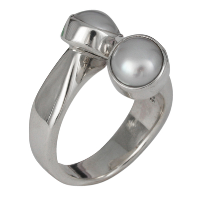 Pearl wrap ring, 'Encounter' - Hand Made Taxco Silver and Pearl Ring