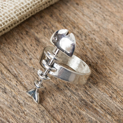 Sterling silver cocktail ring, 'Skeleton Fish' - Mexico Sterling Silver Ring