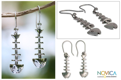 Sterling silver dangle earrings, 'Skeleton Fish' - Sterling Silver Dangle Earrings Handmade in Mexico