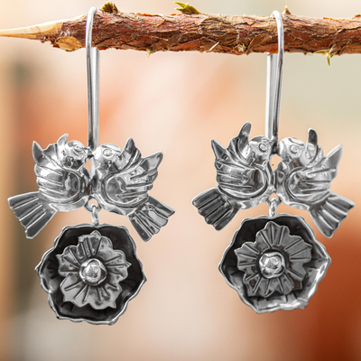Sterling silver flower earrings, 'Mexican Romance' - Sterling Silver Love Bird Earrings from Mexico