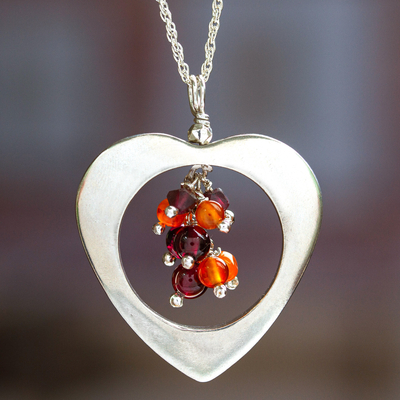 Garnet and carnelian heart necklace, 'Fire Heart' - Garnet and carnelian heart necklace