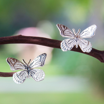 Sterling silver button earrings, 'Perfect Monarch' (1 inch) - Fair Trade Taxco Silver Butterfly Button Earrings (1 Inch)