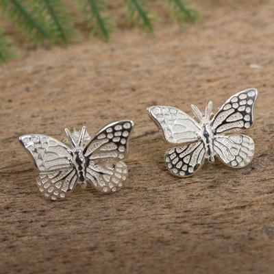 Sterling silver button earrings, 'Perfect Monarch' (0.5 inch) - Unique Sterling Silver Half-Inch Button Earrings from Mexico