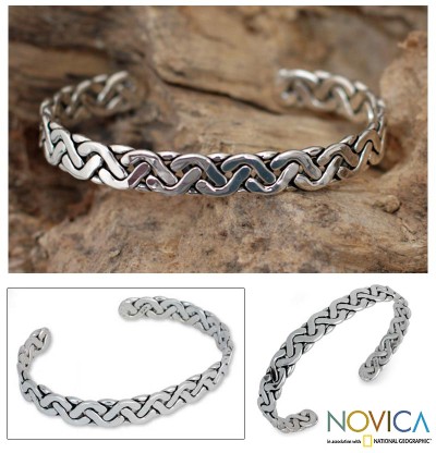 Sterling silver cuff bracelet, 'Aztec Goddess' - Sterling Silver Cuff Bracelet from Mexico