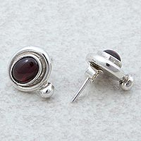 Garnet button earrings, 'True Love' - Handmade Sterling Silver Garnet Button Earrings