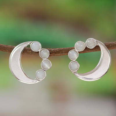 Moonstone button earrings, 'Mexico Moon' - Good Fortune Sterling Silver Button Moonstone Earrings