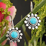 Fair Trade Sterling Silver Natural Turquoise Earrings, 'Aztec Star'