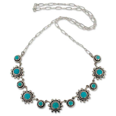 Turquoise flower necklace, 'Aztec Star' - Handmade Floral Sterling Silver Natural Turquoise Necklace