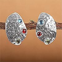 Blue topaz and garnet button earrings, 'Taxco Harmony' - Taxco Silver Button Multigem Earrings