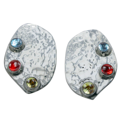Multi-gemstone button earrings, 'Taxco Harmony' - Taxco Silver Button Multigem Earrings