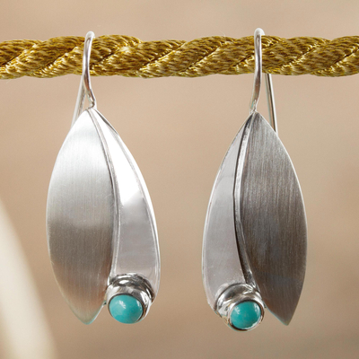 Turquoise drop earrings, 'Taxco Flora' - Unique Sterling Silver Natural Turquoise Leaf Earrings