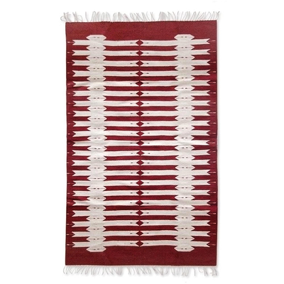Red and White Hand Crafted Zapotec Wool Rug (4x6.5)
