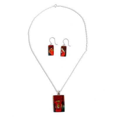Art glass jewelry set, 'Autumn Sunset' - Hand Crafted Modern Art Glass Pendant Jewelry Set