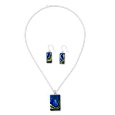Art glass jewelry set, 'Marine Inspiration' - Dichroic Art Glass Necklace and Earrings Jewelry Set Mexico