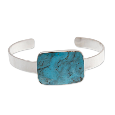 Turquoise cuff bracelet, 'Caribbean Mosaic' - Taxco Silver Sterling Cuff Bracelet with Natural Turquoise