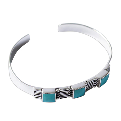 Turquoise cuff bracelet, 'Aztec Elegance' - Hand Crafted Mexican Taxco Silver Cuff Natural Turquoise