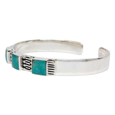 Turquoise cuff bracelet, 'Aztec Elegance' - Hand Crafted Mexican Taxco Silver Cuff Natural Turquoise