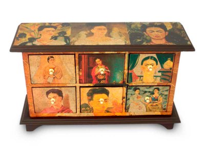 Decoupage chest, 'Visions of Frida Kahlo' - Mexican Art Handcrafted Wood Decorative Box