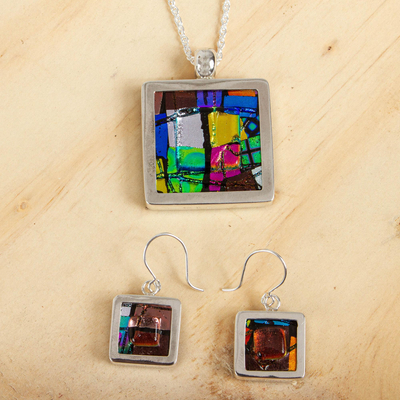 Dichroic art glass jewelry set, Summer Abstract