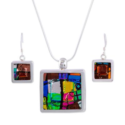 Dichroic art glass jewelry set, 'Summer Abstract' - Unique Modern Art Glass Pendant Jewelry Set from Mexico