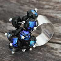Dichroic art glass cocktail ring, 'Acapulco' - Sterling Silver Glass Bead Cluster Ring
