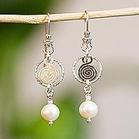 Pearl dangle earrings, 'Popocateptl Snow' - Unique Mexican Taxco Silver and Pearl Earrings