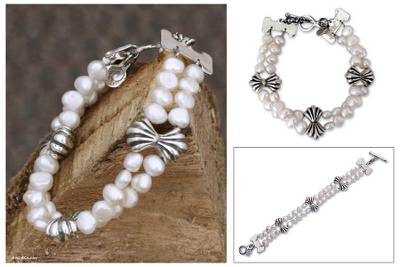 Pearl beaded bracelet, 'Silver Ribbon Bows' - Pearl beaded bracelet