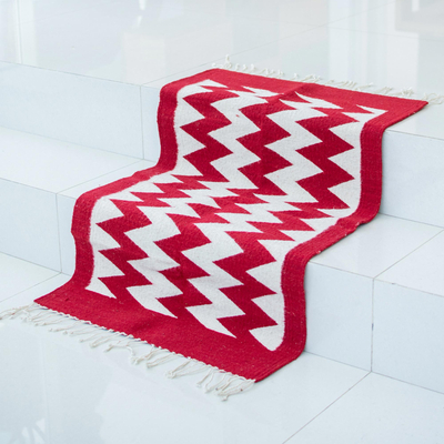 Zapotec wool rug, 'Path of Fire' (2x3.5) - Geometric Red and White Wool Area Rug (2x3.5)